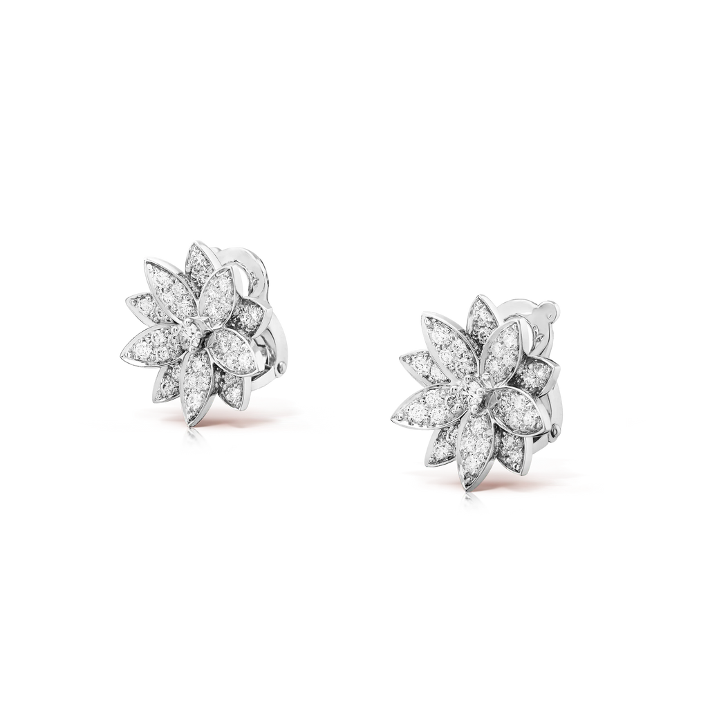 Van Cleef & Arpels Lotus Collection 18K White Gold Lotus Earrings Full of Diamonds