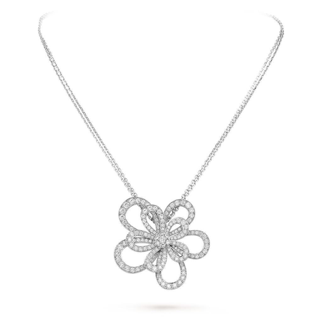 Van Cleef & Arpels Flowerlace Collection White Gold Necklace Fully Set with Diamonds and Lace