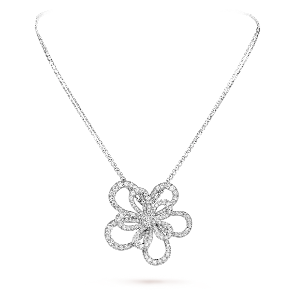 Van Cleef & Arpels Flowerlace Collection White Gold Necklace Fully Set with Diamonds and Lace