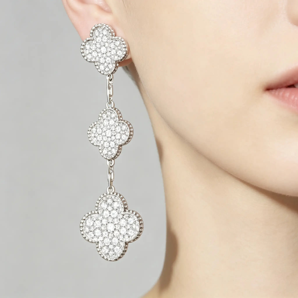 Van Cleef & Arpels Magic Alhambra Collection Trefoil White Gold Long Earrings with Full Diamonds