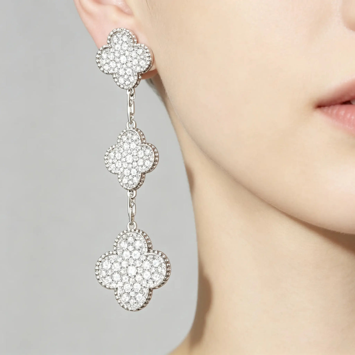 Van Cleef & Arpels Magic Alhambra Collection Trefoil White Gold Long Earrings with Full Diamonds