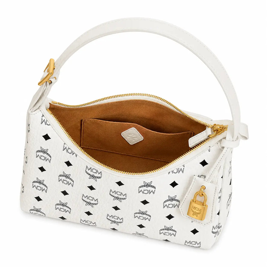 MCM Aren Visetos Series Small White Hobo Bag