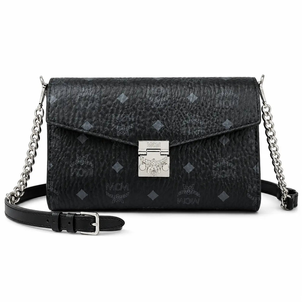 MCM Millie Visetos Series Black Medium Envelope Chain Bag