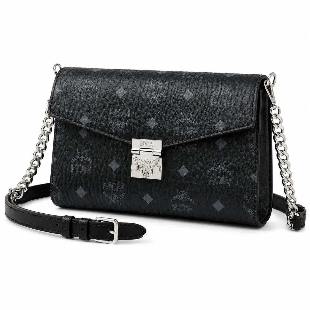 MCM Millie Visetos Series Black Medium Envelope Chain Bag