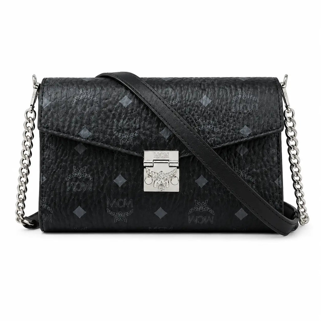 MCM Millie Visetos Series Black Medium Envelope Chain Bag