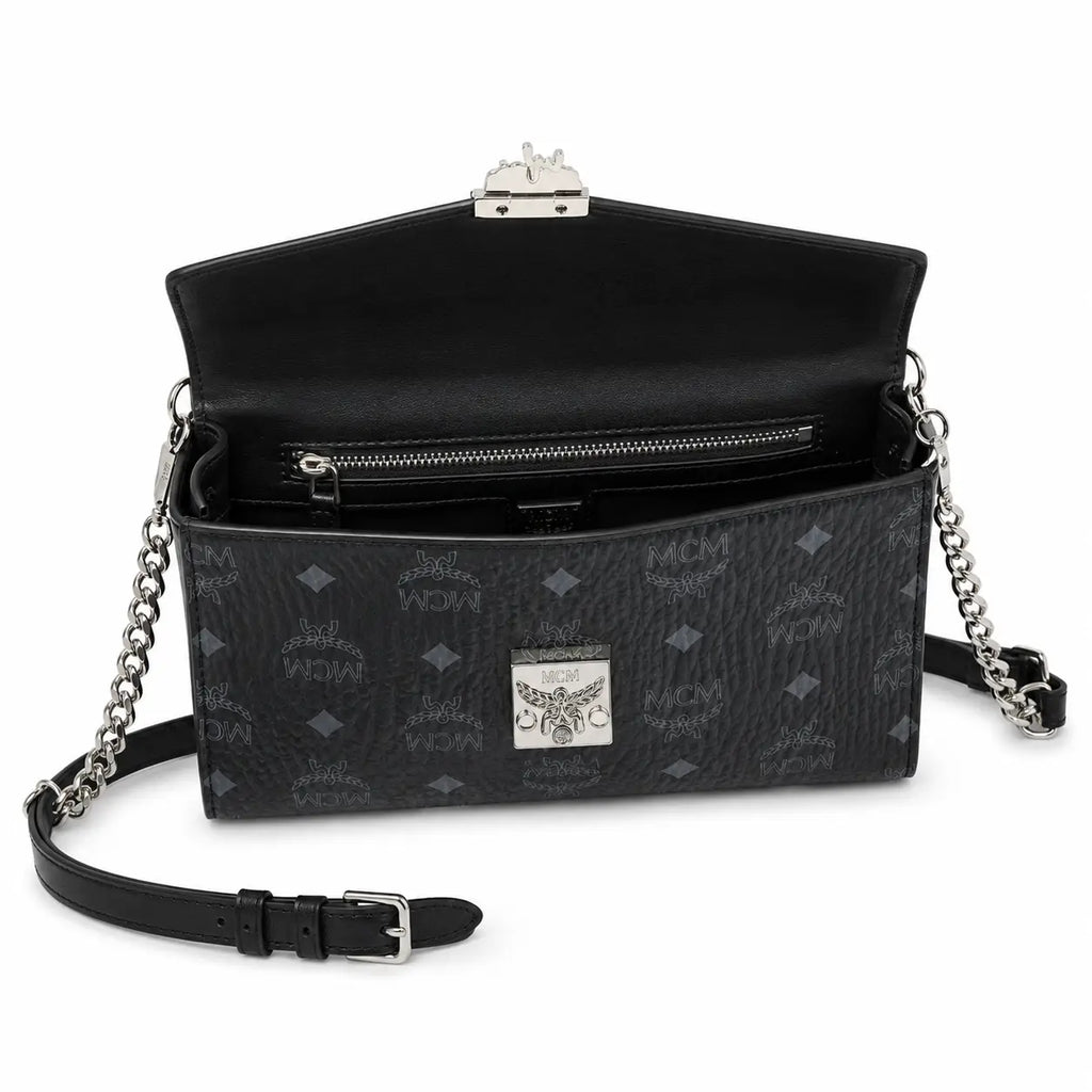 MCM Millie Visetos Series Black Medium Envelope Chain Bag