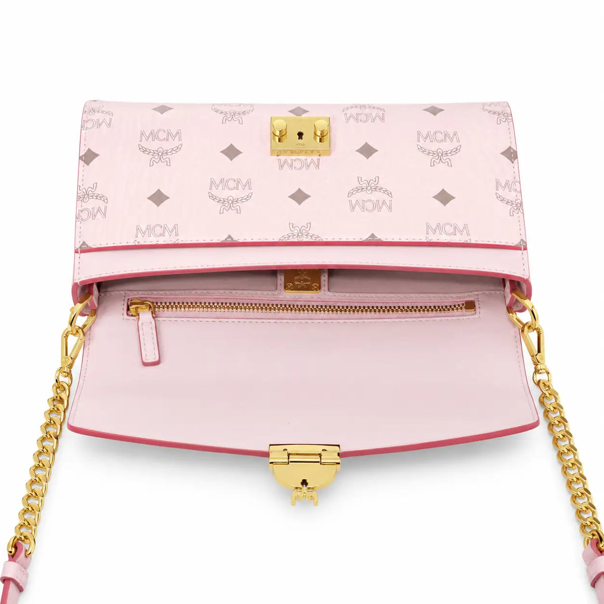 MCM Millie Visetos Series Small Flap Chain Bag in Soft Pink
