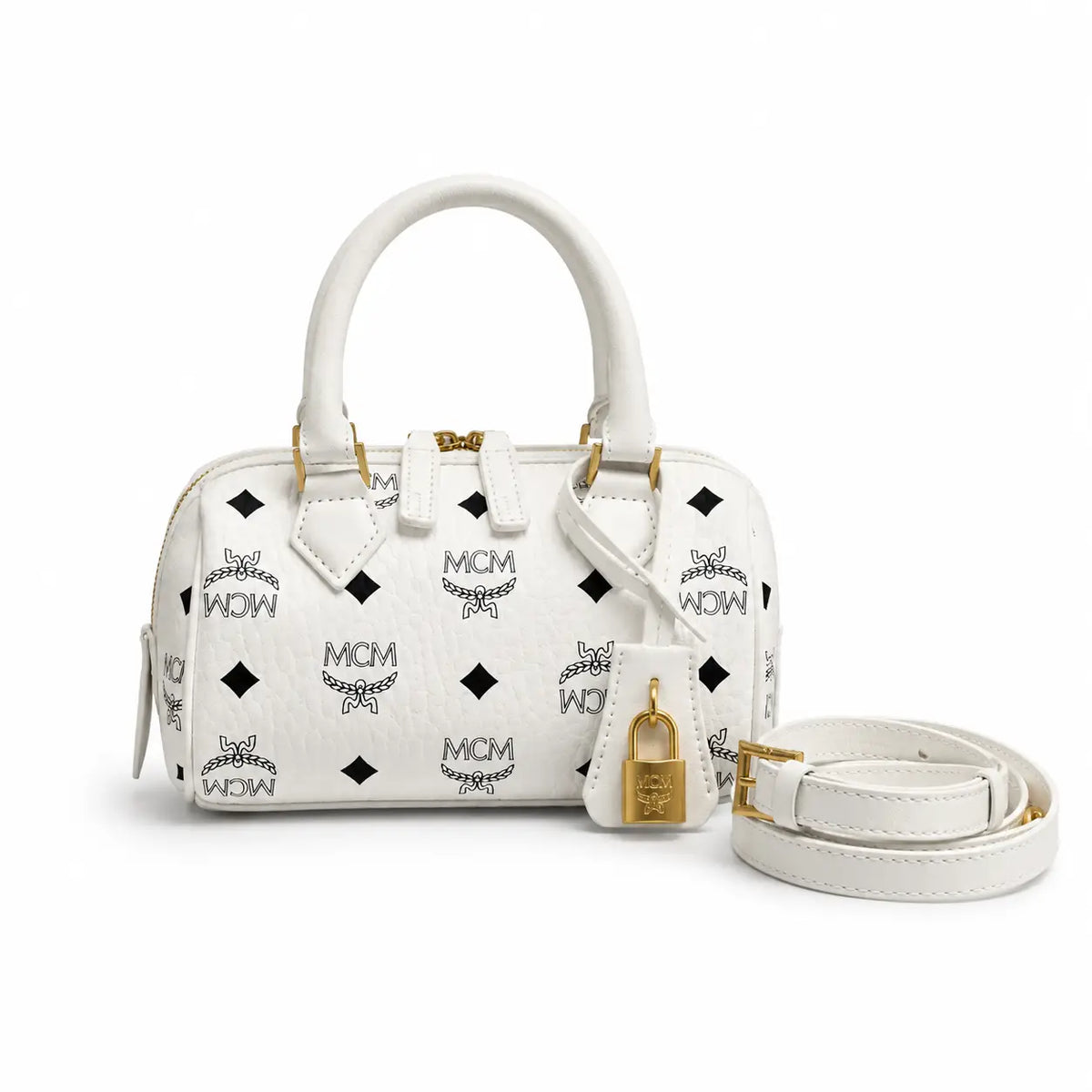 MCM Ella Visetos Series White Mini Boston Bag