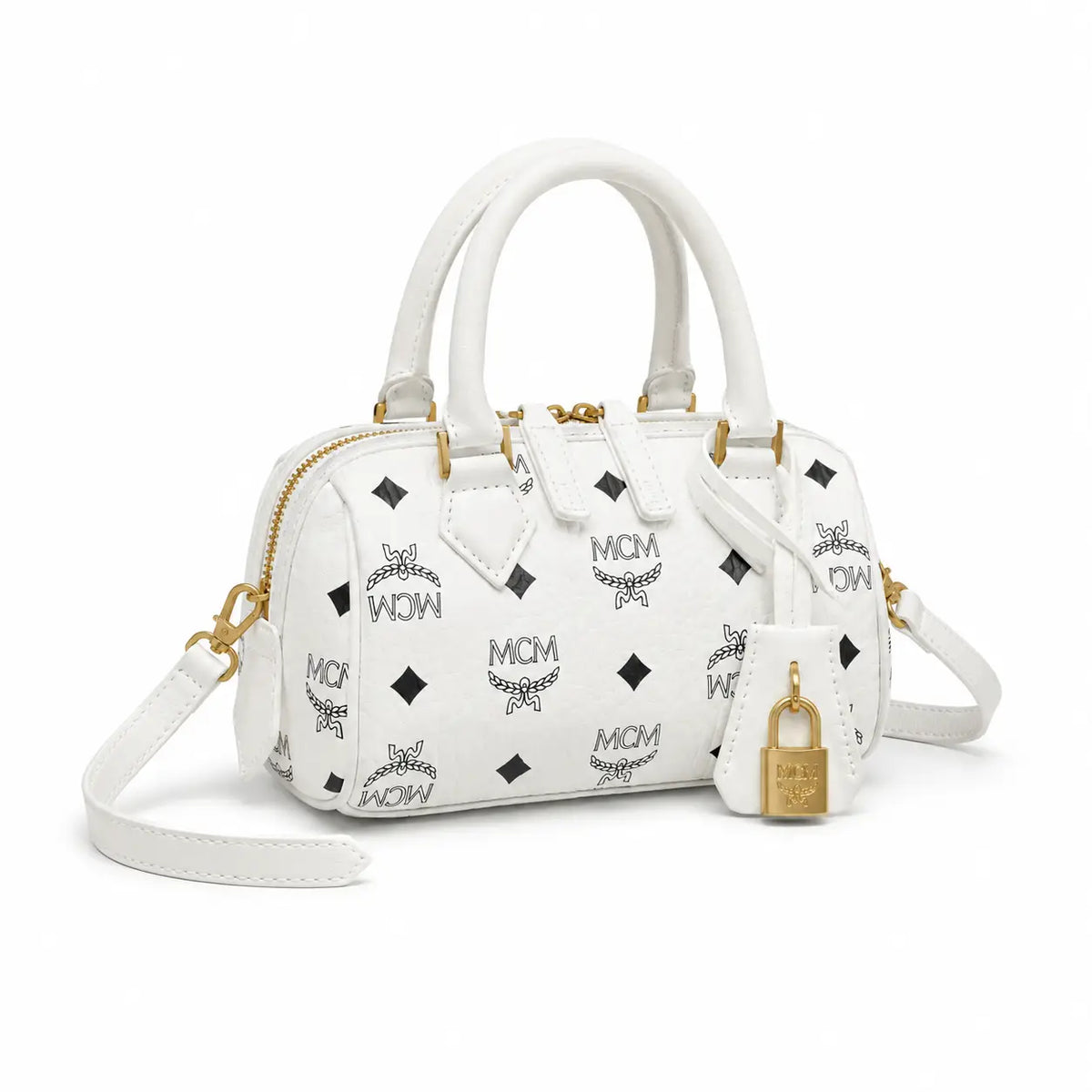 MCM Ella Visetos Series White Mini Boston Bag