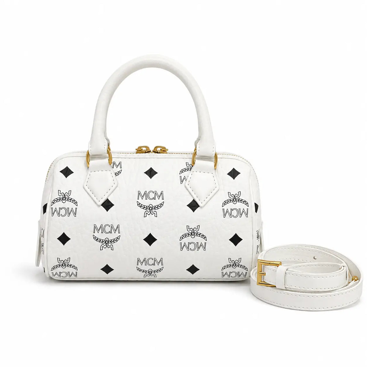 MCM Ella Visetos Series White Mini Boston Bag