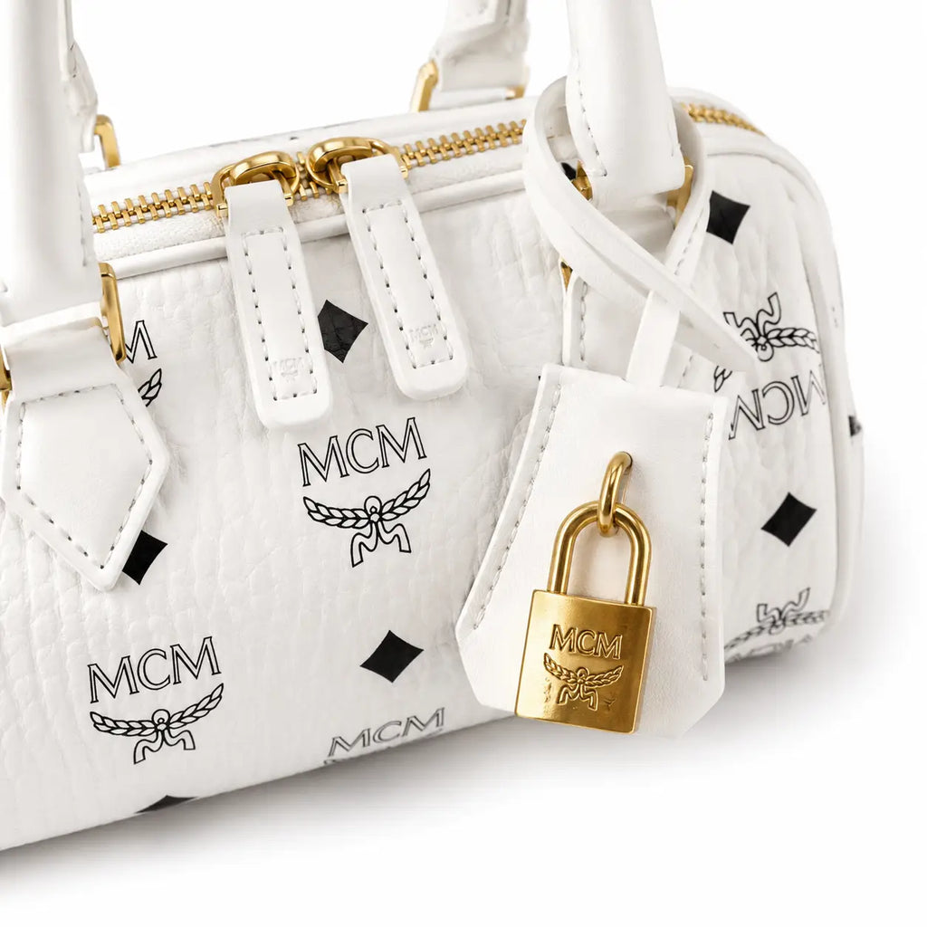 MCM Ella Visetos Series White Mini Boston Bag