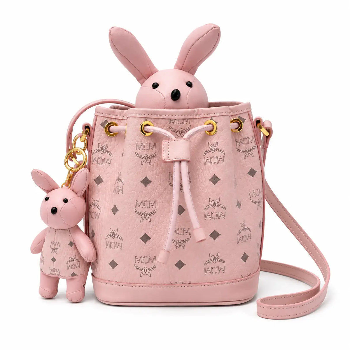 MCM Visetos Series Pink Rabbit Drawstring Bucket Bag