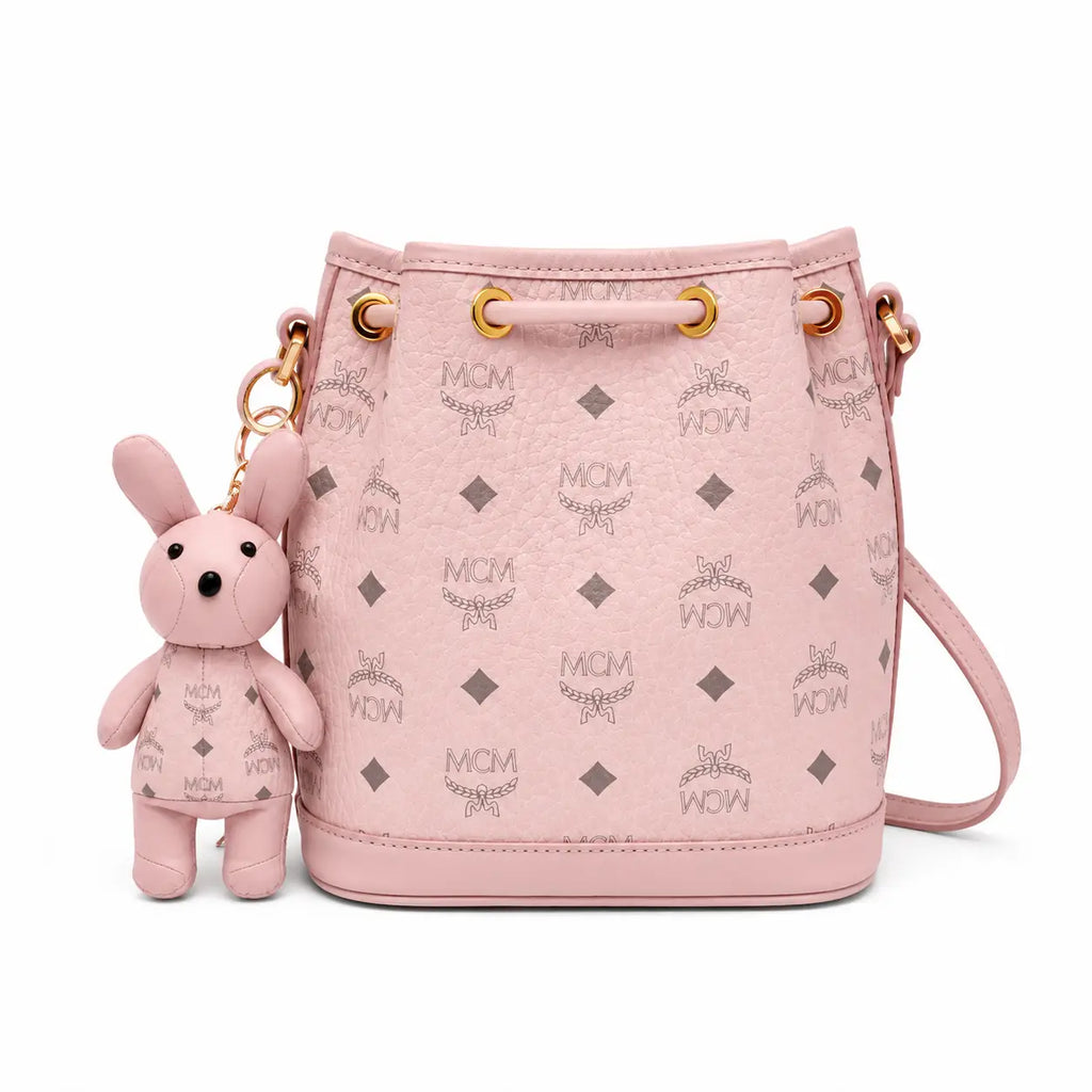 MCM Visetos Series Pink Rabbit Drawstring Bucket Bag
