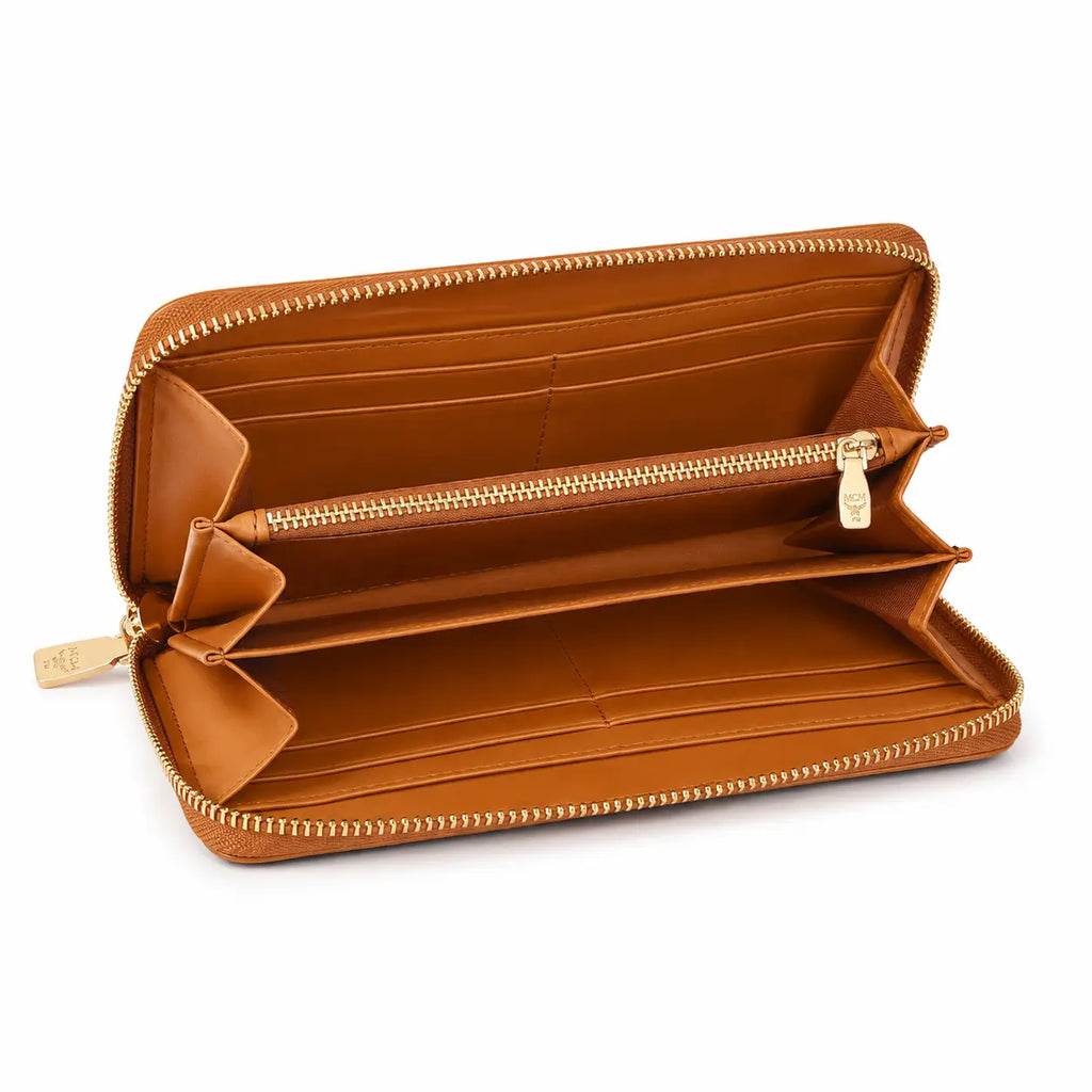 MCM Visetos Original Long Zip-Around Wallet in Cognac