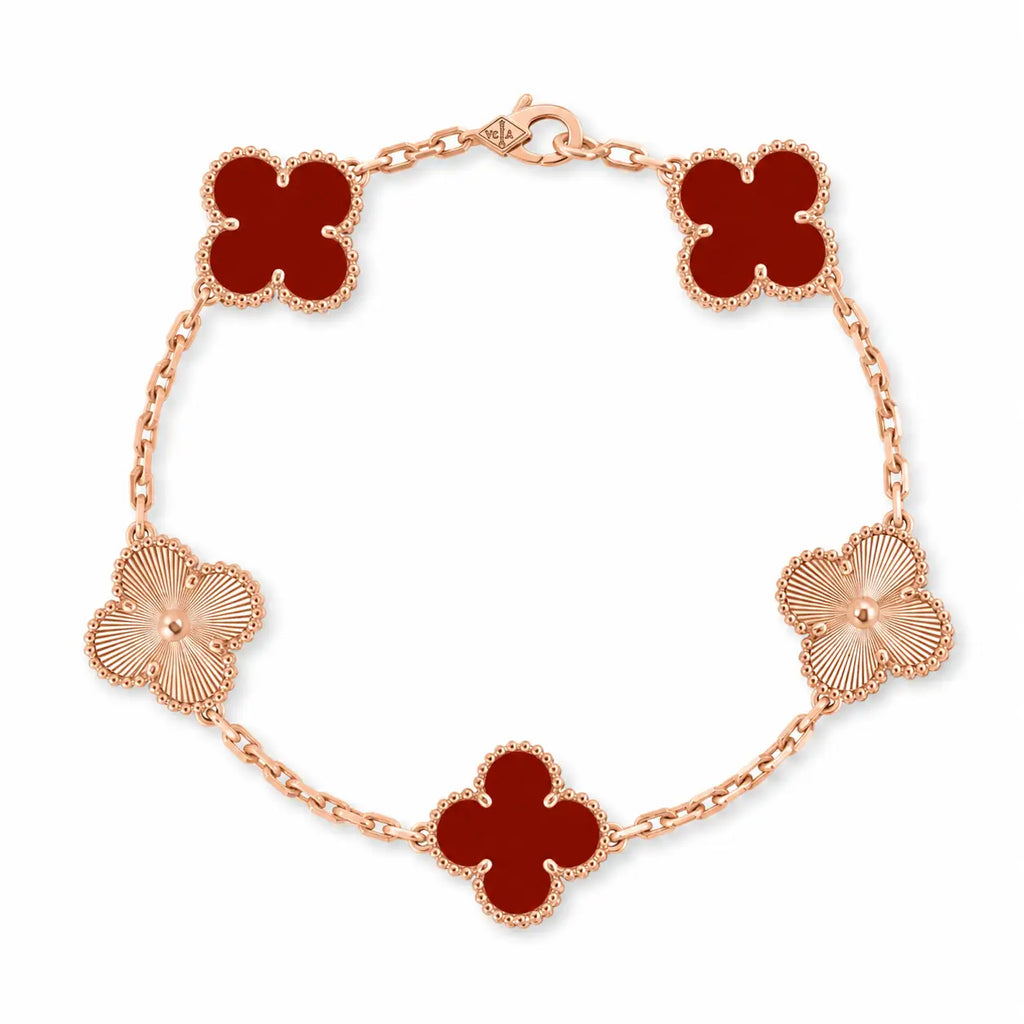 Van Cleef & Arpels Vintage Alhambra 5-motif bracelet in carnelian and guilloché gold