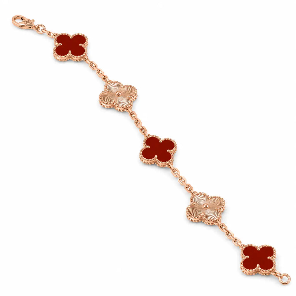 Van Cleef & Arpels Vintage Alhambra 5-motif bracelet in carnelian and guilloché gold