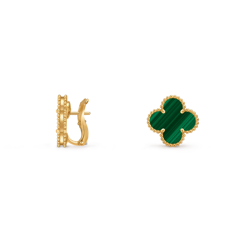 Van Cleef & Arpels Vintage Alhambra Collection Gold Malachite Four-Leaf Clover Earrings