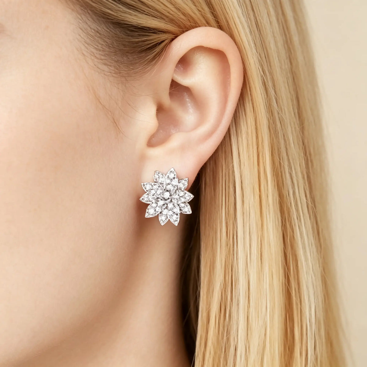 Van Cleef & Arpels Lotus Collection 18K White Gold Lotus Earrings Full of Diamonds