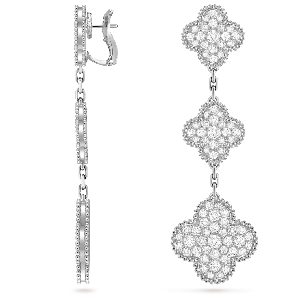 Van Cleef & Arpels Magic Alhambra Collection Trefoil White Gold Long Earrings with Full Diamonds